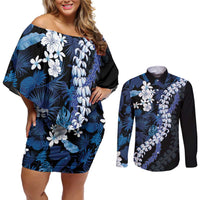 Polu Aloha Hawaii Lei Couples Matching Off Shoulder Short Dress and Long Sleeve Button Shirt Tropical Flowers Elegant Vibe - Polynesian Pride