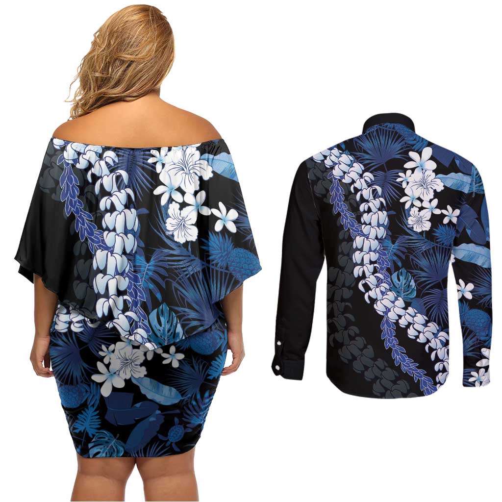 Polu Aloha Hawaii Lei Couples Matching Off Shoulder Short Dress and Long Sleeve Button Shirt Tropical Flowers Elegant Vibe - Polynesian Pride