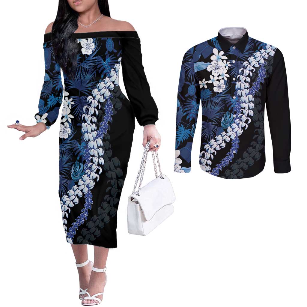 Polu Aloha Hawaii Lei Couples Matching Off The Shoulder Long Sleeve Dress and Long Sleeve Button Shirt Tropical Flowers Elegant Vibe - Polynesian Pride