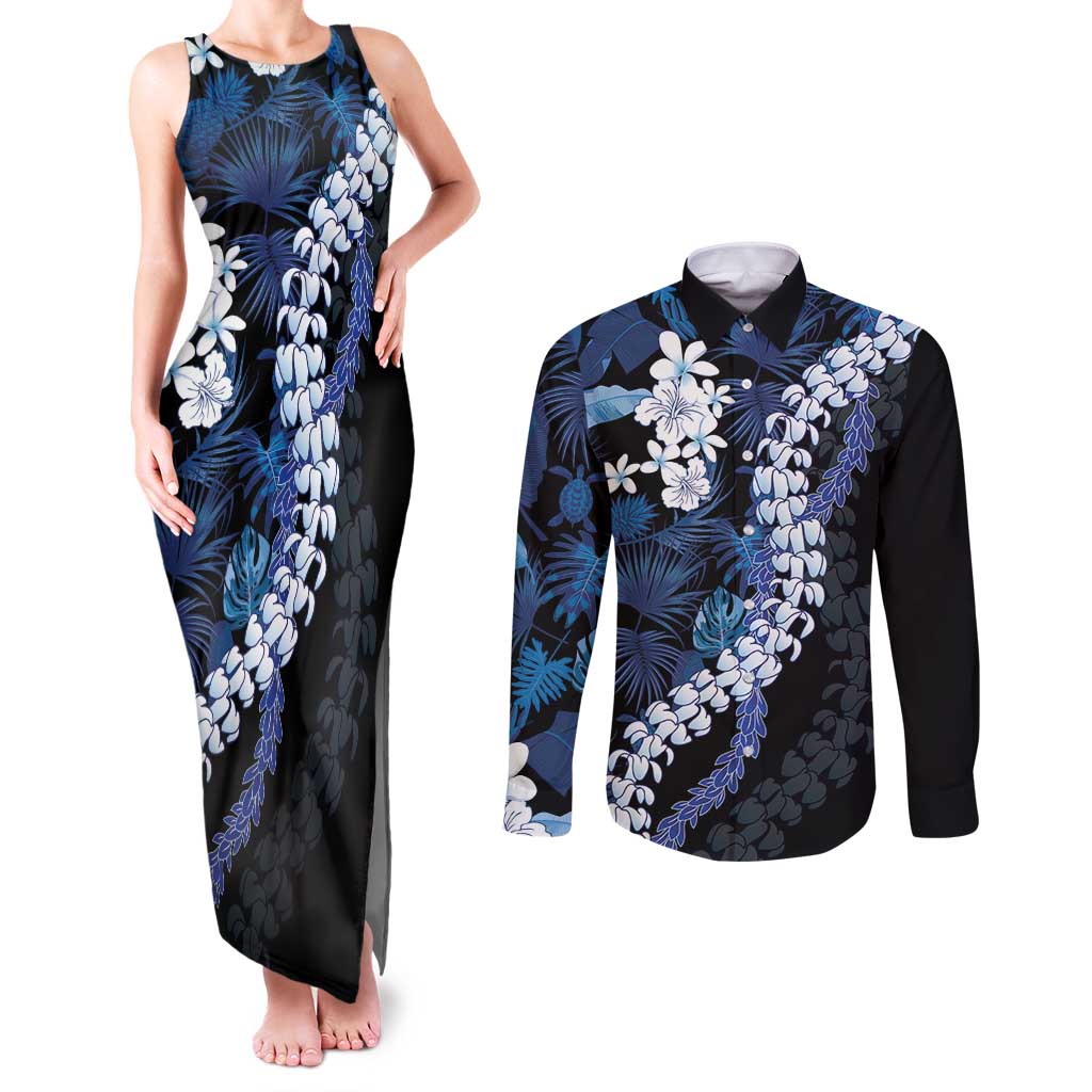 Polu Aloha Hawaii Lei Couples Matching Tank Maxi Dress and Long Sleeve Button Shirt Tropical Flowers Elegant Vibe - Polynesian Pride