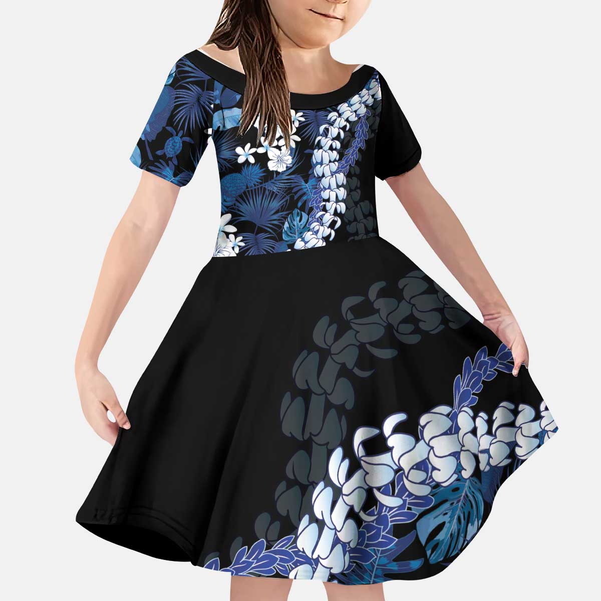 Polu Aloha Hawaii Lei Kid Short Sleeve Dress Tropical Flowers Elegant Vibe - Polynesian Pride