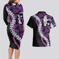 Poni Aloha Hawaii Lei Couples Matching Long Sleeve Bodycon Dress and Hawaiian Shirt Tropical Flowers Elegant Vibe - Polynesian Pride