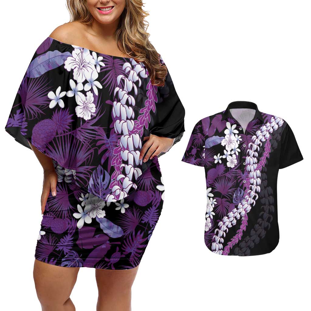 Poni Aloha Hawaii Lei Couples Matching Off Shoulder Short Dress and Hawaiian Shirt Tropical Flowers Elegant Vibe - Polynesian Pride