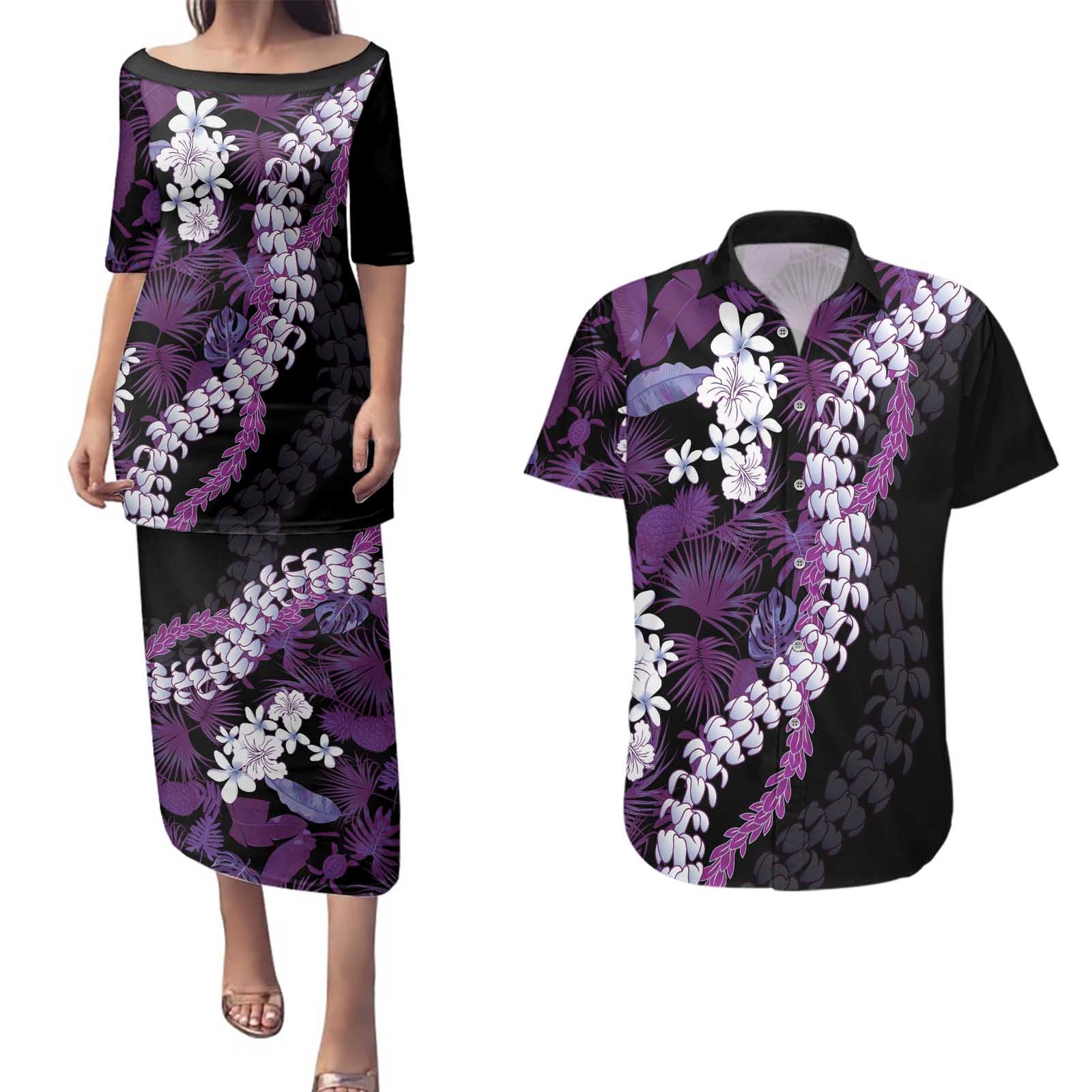 Poni Aloha Hawaii Lei Couples Matching Puletasi and Hawaiian Shirt Tropical Flowers Elegant Vibe - Polynesian Pride