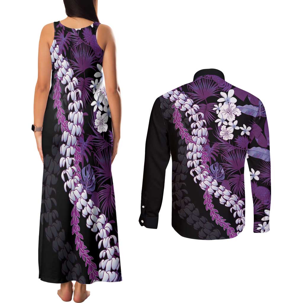 Poni Aloha Hawaii Lei Couples Matching Tank Maxi Dress and Long Sleeve Button Shirt Tropical Flowers Elegant Vibe - Polynesian Pride