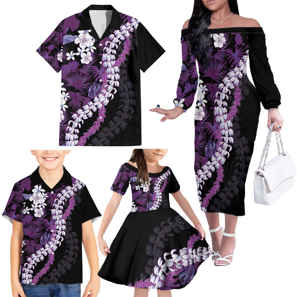 Poni Aloha Hawaii Lei Family Matching Off The Shoulder Long Sleeve Dress and Hawaiian Shirt Tropical Flowers Elegant Vibe - Polynesian Pride