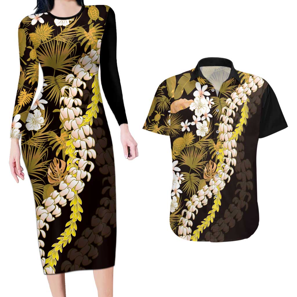 Kula Aloha Hawaii Lei Couples Matching Long Sleeve Bodycon Dress and Hawaiian Shirt Tropical Flowers Elegant Vibe - Polynesian Pride