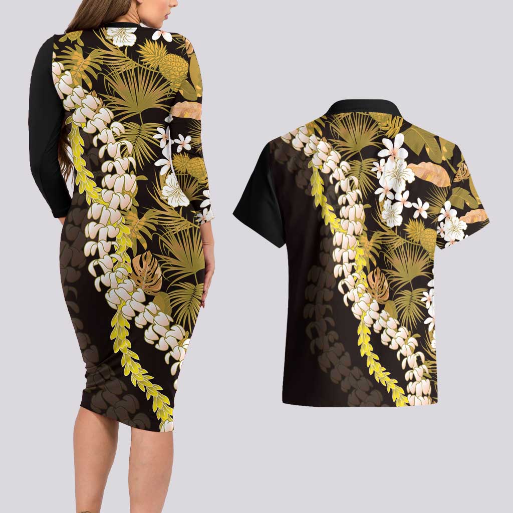 Kula Aloha Hawaii Lei Couples Matching Long Sleeve Bodycon Dress and Hawaiian Shirt Tropical Flowers Elegant Vibe - Polynesian Pride