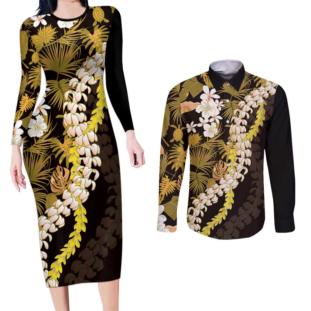 Kula Aloha Hawaii Lei Couples Matching Long Sleeve Bodycon Dress and Long Sleeve Button Shirt Tropical Flowers Elegant Vibe - Polynesian Pride