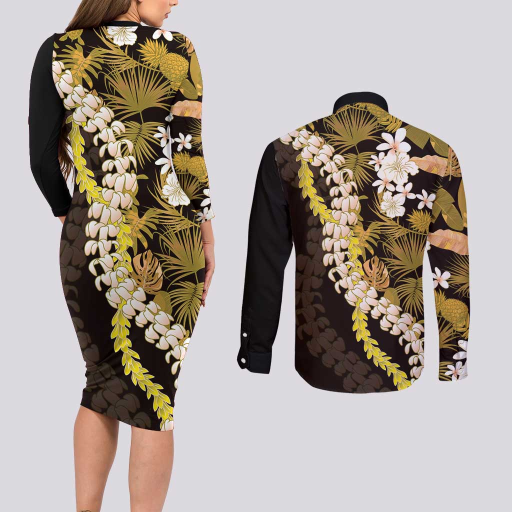 Kula Aloha Hawaii Lei Couples Matching Long Sleeve Bodycon Dress and Long Sleeve Button Shirt Tropical Flowers Elegant Vibe - Polynesian Pride