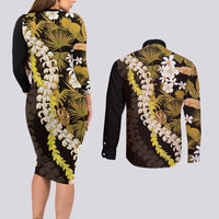 Kula Aloha Hawaii Lei Couples Matching Long Sleeve Bodycon Dress and Long Sleeve Button Shirt Tropical Flowers Elegant Vibe - Polynesian Pride