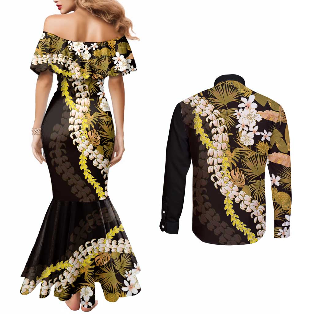 Kula Aloha Hawaii Lei Couples Matching Mermaid Dress and Long Sleeve Button Shirt Tropical Flowers Elegant Vibe - Polynesian Pride