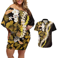 Kula Aloha Hawaii Lei Couples Matching Off Shoulder Short Dress and Hawaiian Shirt Tropical Flowers Elegant Vibe - Polynesian Pride