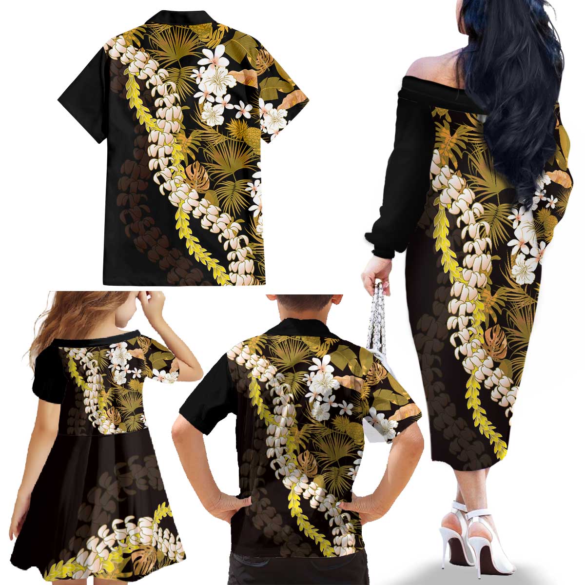 Kula Aloha Hawaii Lei Family Matching Off The Shoulder Long Sleeve Dress and Hawaiian Shirt Tropical Flowers Elegant Vibe - Polynesian Pride