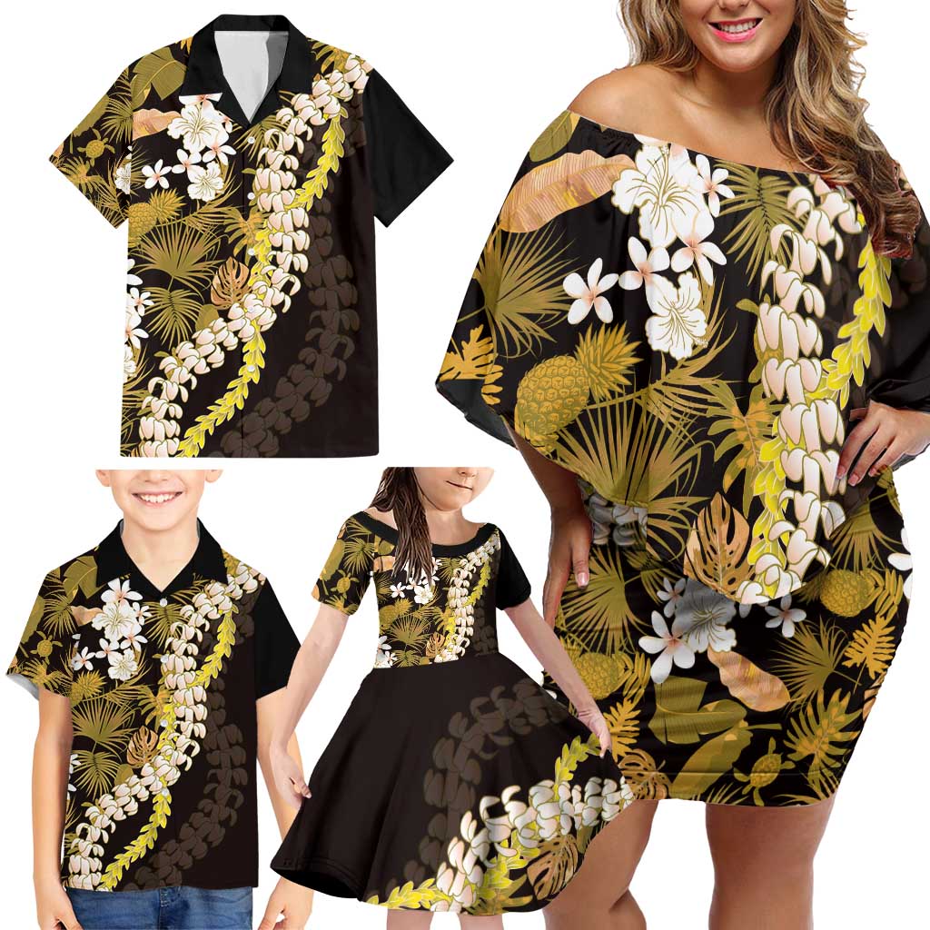 Kula Aloha Hawaii Lei Family Matching Off Shoulder Short Dress and Hawaiian Shirt Tropical Flowers Elegant Vibe - Polynesian Pride