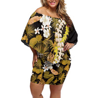 Kula Aloha Hawaii Lei Family Matching Off Shoulder Short Dress and Hawaiian Shirt Tropical Flowers Elegant Vibe - Polynesian Pride