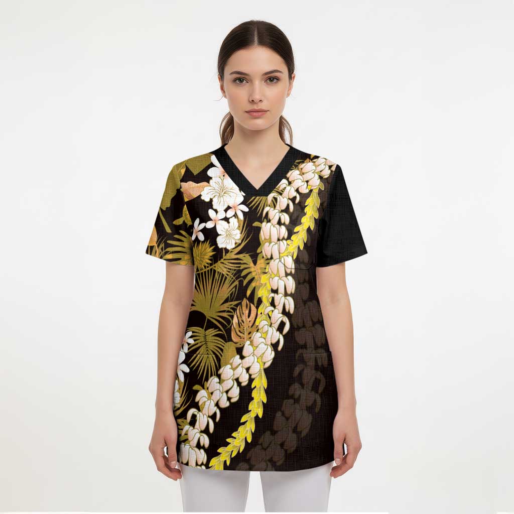 Kula Aloha Hawaii Lei Scrub Top Tropical Flowers Elegant Vibe - Polynesian Pride