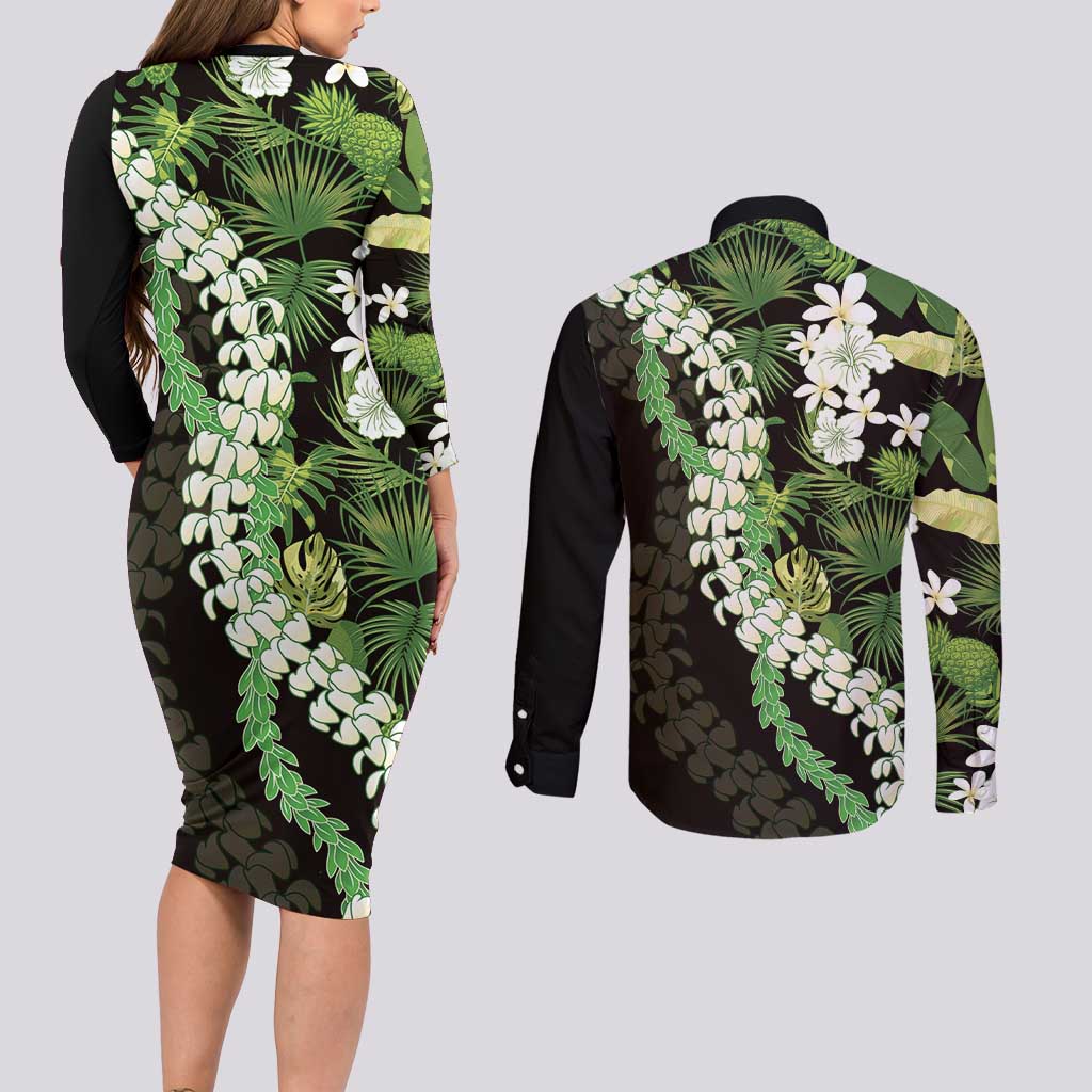 Omaomao Aloha Hawaii Lei Couples Matching Long Sleeve Bodycon Dress and Long Sleeve Button Shirt Tropical Flowers Elegant Vibe - Polynesian Pride