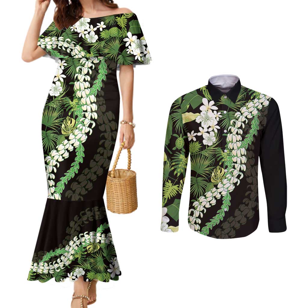 Omaomao Aloha Hawaii Lei Couples Matching Mermaid Dress and Long Sleeve Button Shirt Tropical Flowers Elegant Vibe - Polynesian Pride
