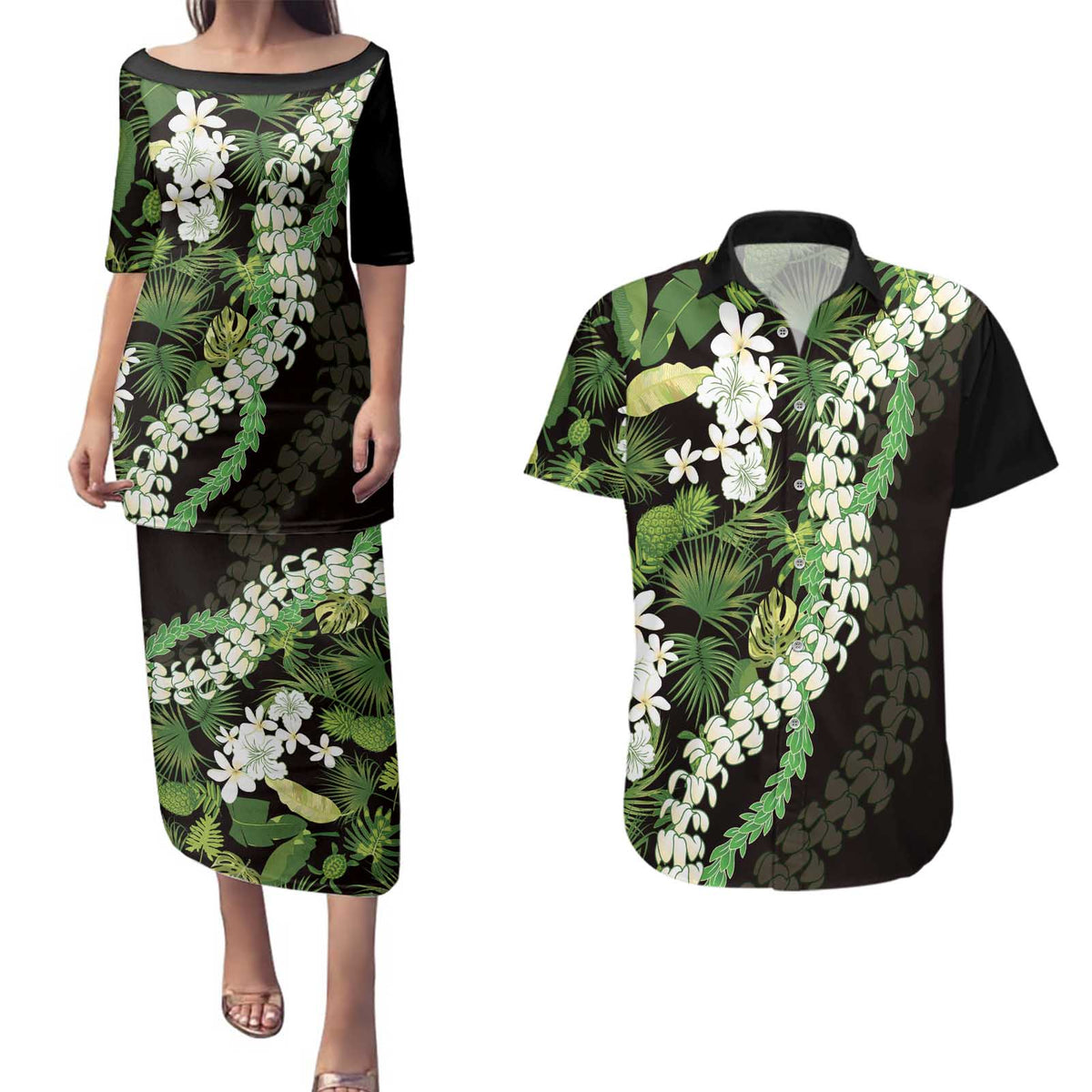 Omaomao Aloha Hawaii Lei Couples Matching Puletasi and Hawaiian Shirt Tropical Flowers Elegant Vibe - Polynesian Pride