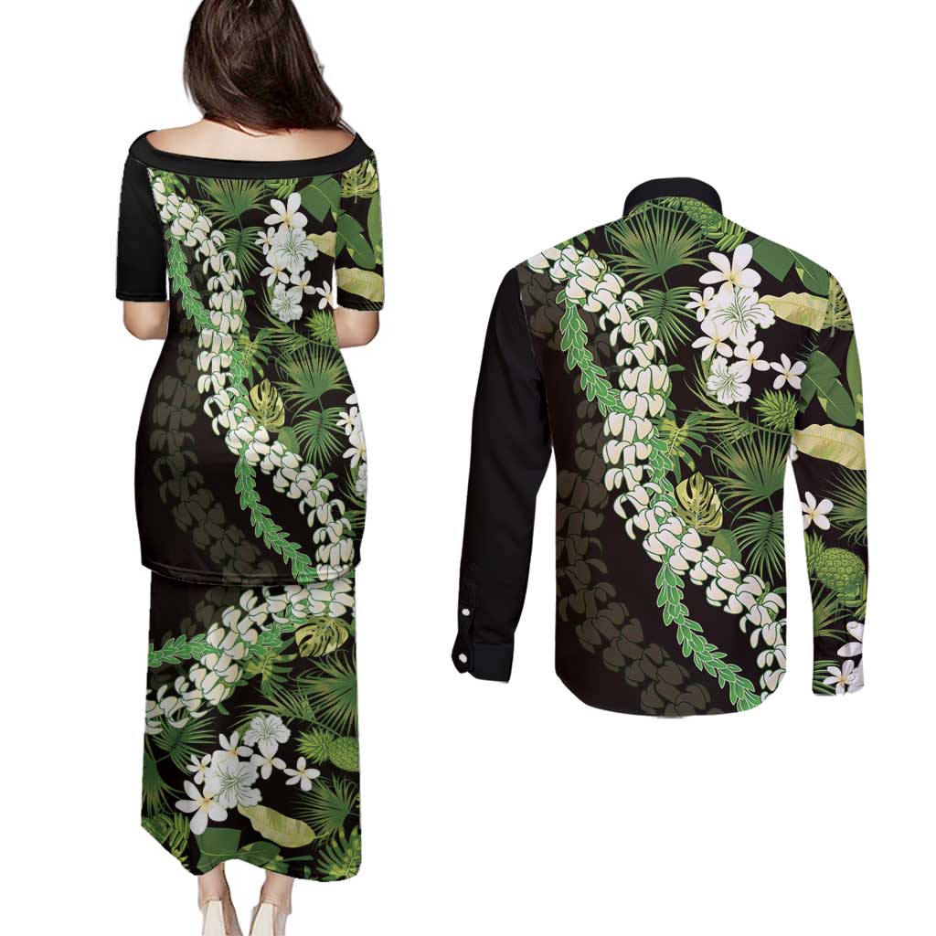 Omaomao Aloha Hawaii Lei Couples Matching Puletasi and Long Sleeve Button Shirt Tropical Flowers Elegant Vibe - Polynesian Pride