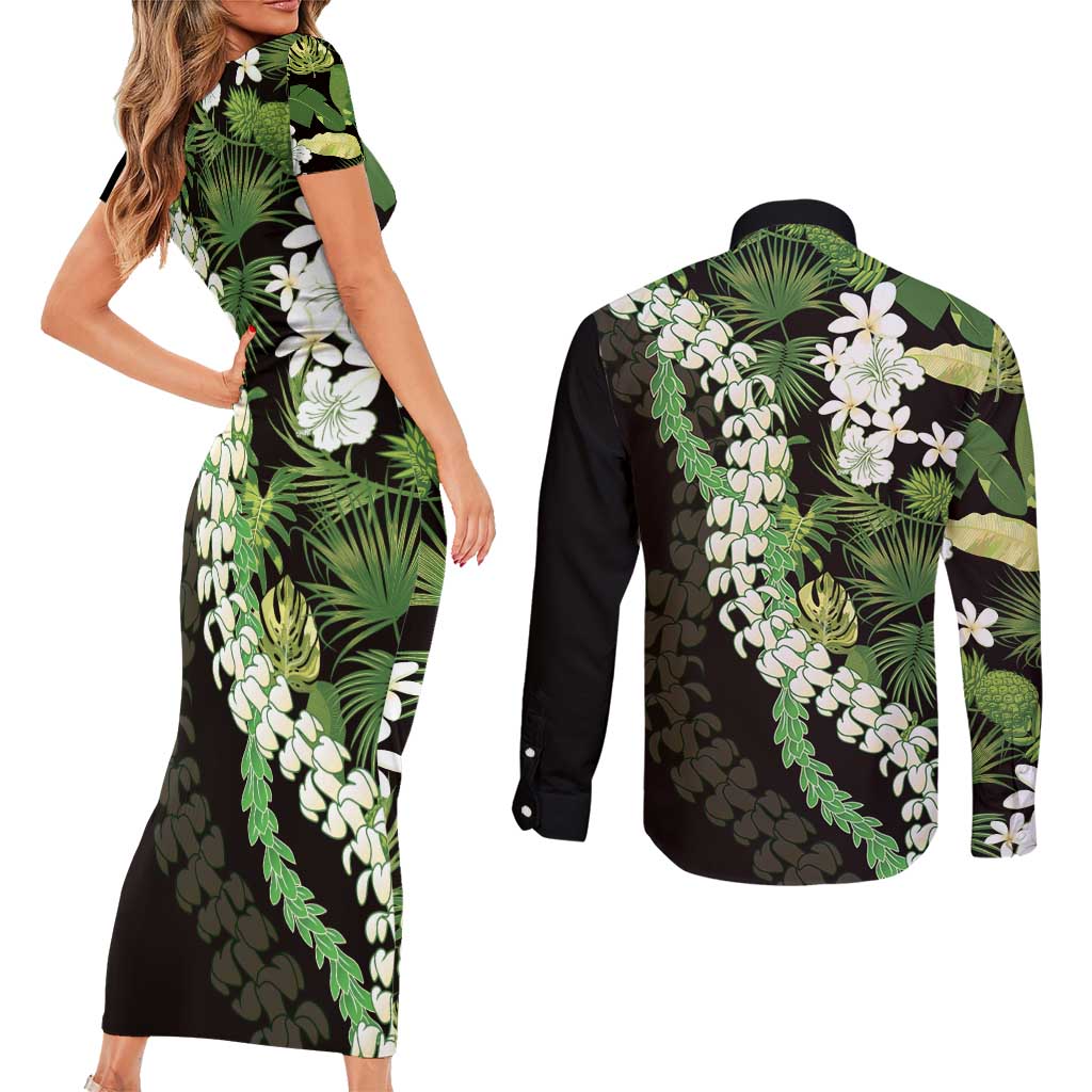 Omaomao Aloha Hawaii Lei Couples Matching Short Sleeve Bodycon Dress and Long Sleeve Button Shirt Tropical Flowers Elegant Vibe - Polynesian Pride