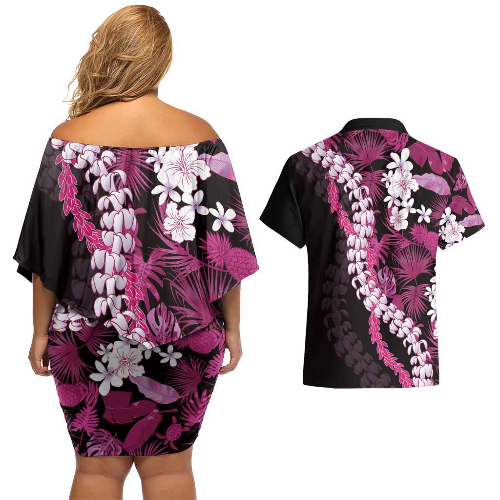 Akala Aloha Hawaii Lei Couples Matching Off Shoulder Short Dress and Hawaiian Shirt Tropical Flowers Elegant Vibe - Polynesian Pride