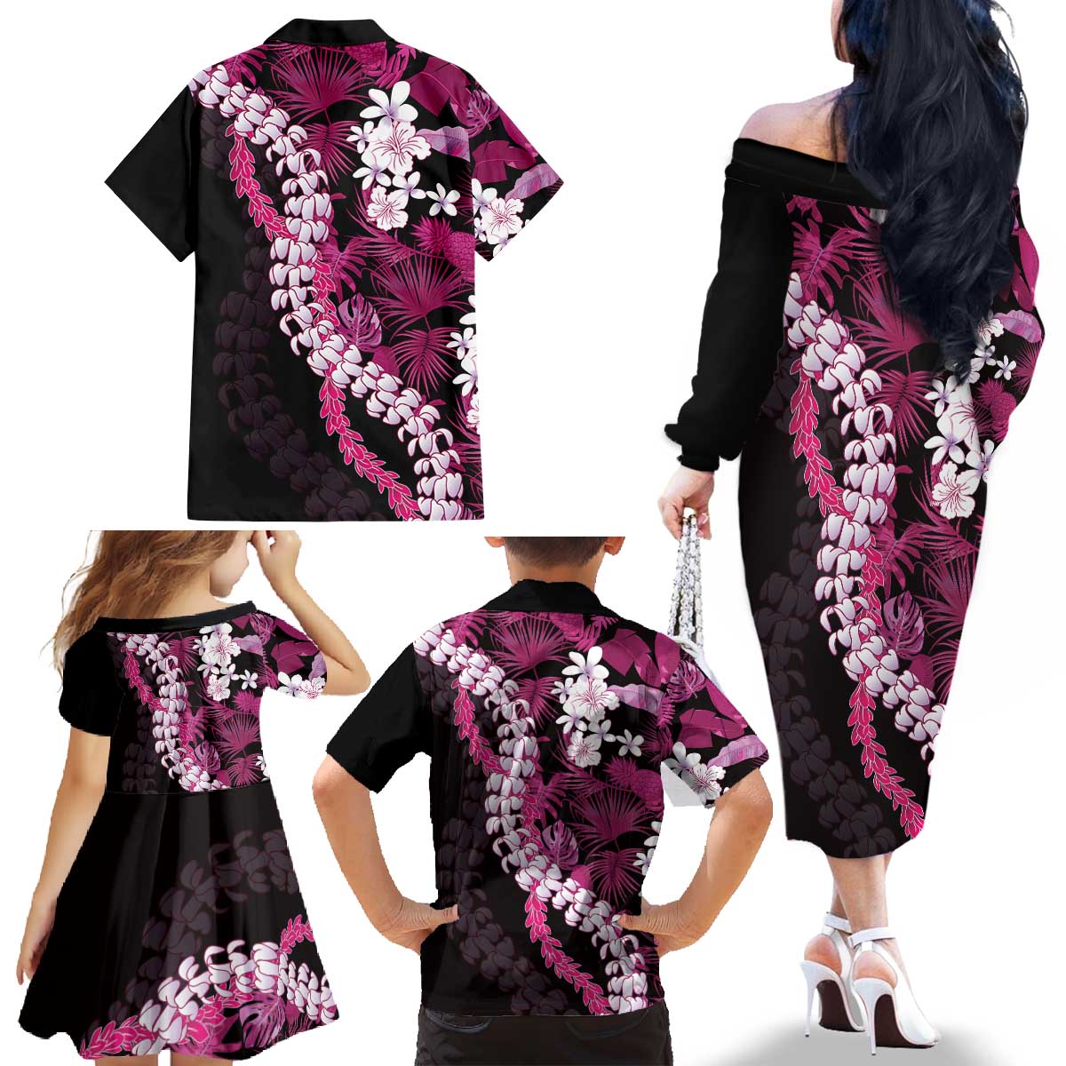 Akala Aloha Hawaii Lei Family Matching Off The Shoulder Long Sleeve Dress and Hawaiian Shirt Tropical Flowers Elegant Vibe - Polynesian Pride