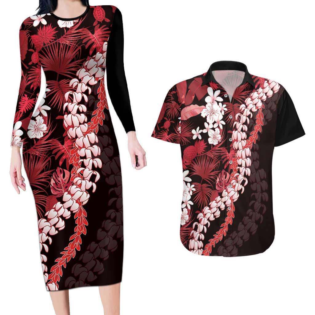 Ulaula Aloha Hawaii Lei Couples Matching Long Sleeve Bodycon Dress and Hawaiian Shirt Tropical Flowers Elegant Vibe - Polynesian Pride