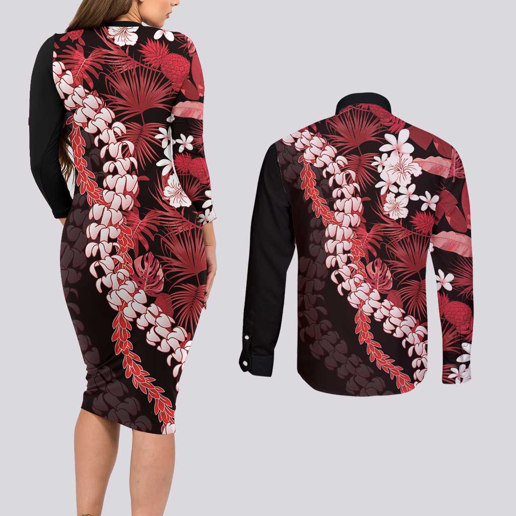 Ulaula Aloha Hawaii Lei Couples Matching Long Sleeve Bodycon Dress and Long Sleeve Button Shirt Tropical Flowers Elegant Vibe - Polynesian Pride