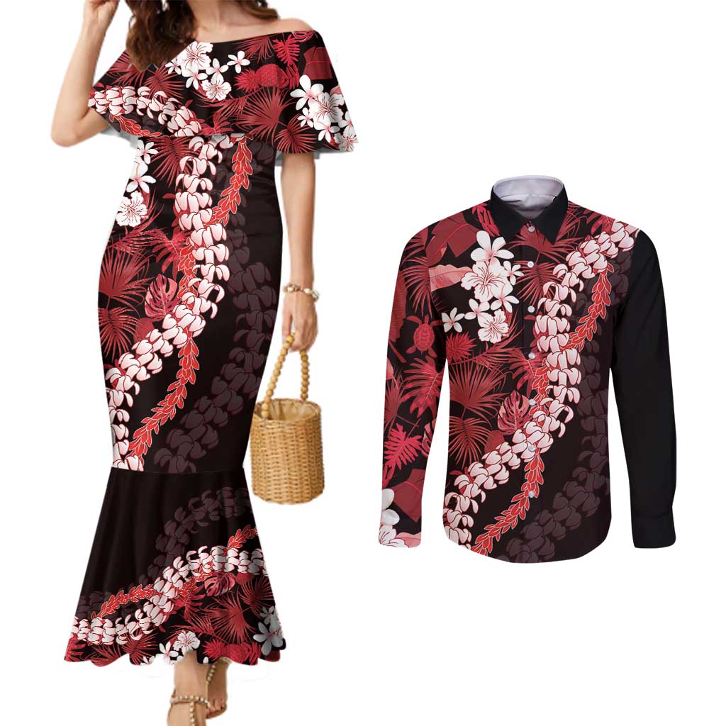 Ulaula Aloha Hawaii Lei Couples Matching Mermaid Dress and Long Sleeve Button Shirt Tropical Flowers Elegant Vibe - Polynesian Pride