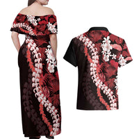 Ulaula Aloha Hawaii Lei Couples Matching Off Shoulder Maxi Dress and Hawaiian Shirt Tropical Flowers Elegant Vibe - Polynesian Pride