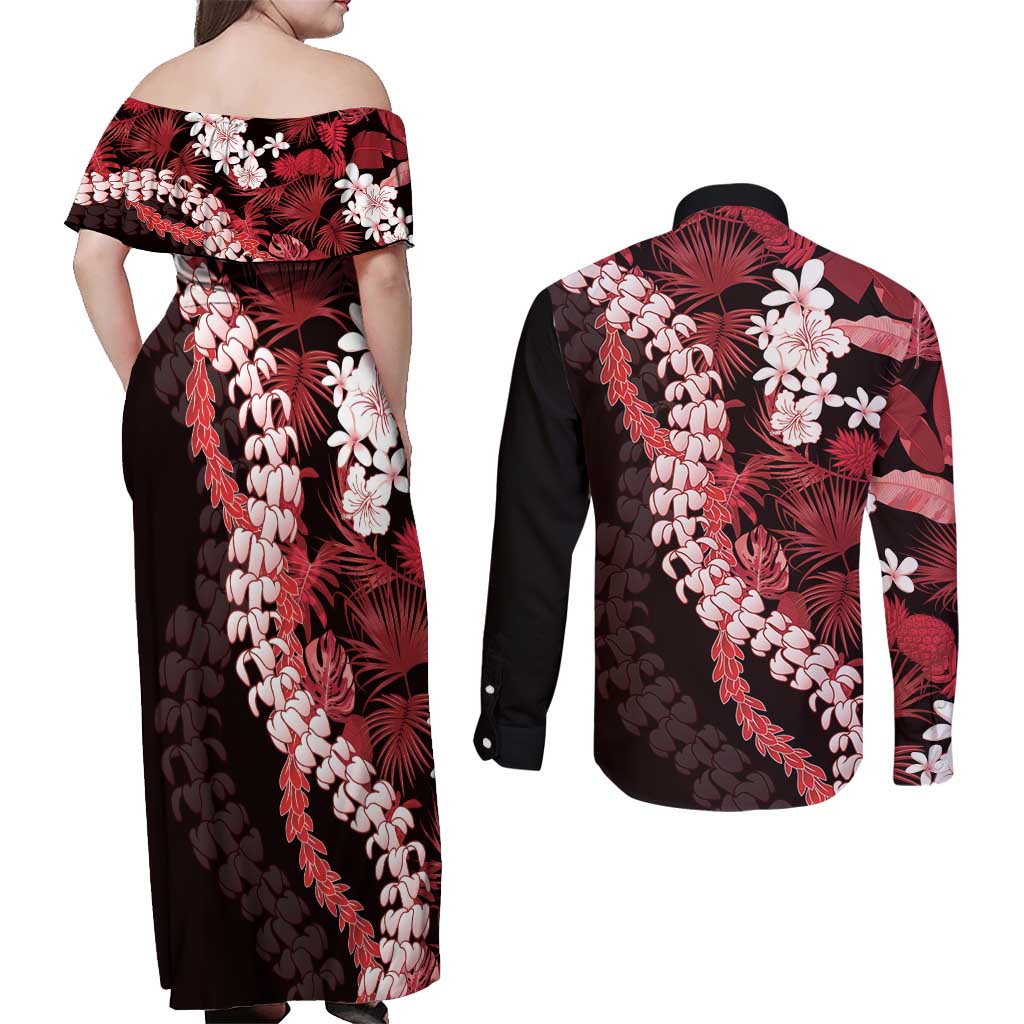 Ulaula Aloha Hawaii Lei Couples Matching Off Shoulder Maxi Dress and Long Sleeve Button Shirt Tropical Flowers Elegant Vibe - Polynesian Pride