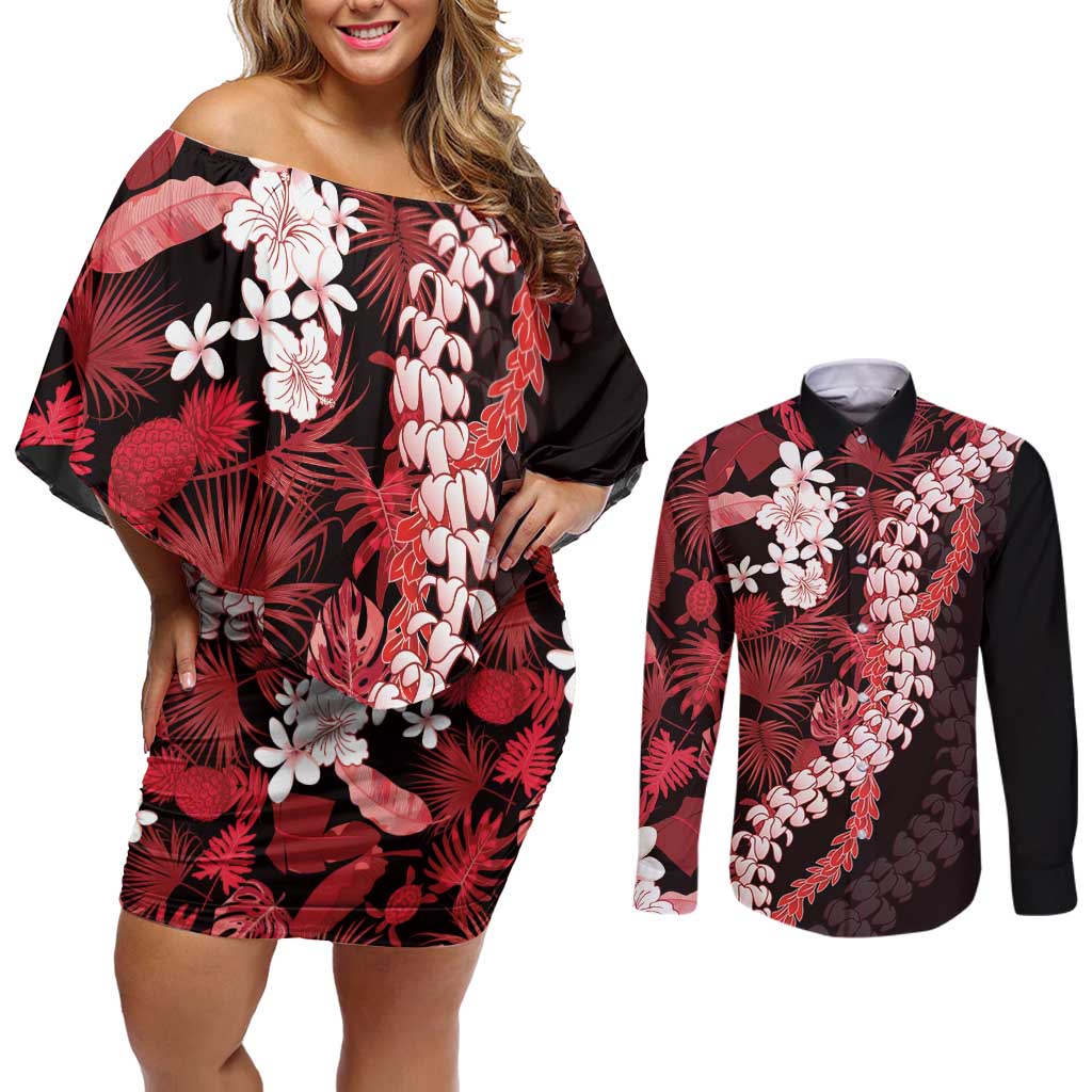 Ulaula Aloha Hawaii Lei Couples Matching Off Shoulder Short Dress and Long Sleeve Button Shirt Tropical Flowers Elegant Vibe - Polynesian Pride