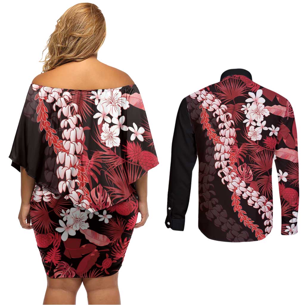 Ulaula Aloha Hawaii Lei Couples Matching Off Shoulder Short Dress and Long Sleeve Button Shirt Tropical Flowers Elegant Vibe - Polynesian Pride