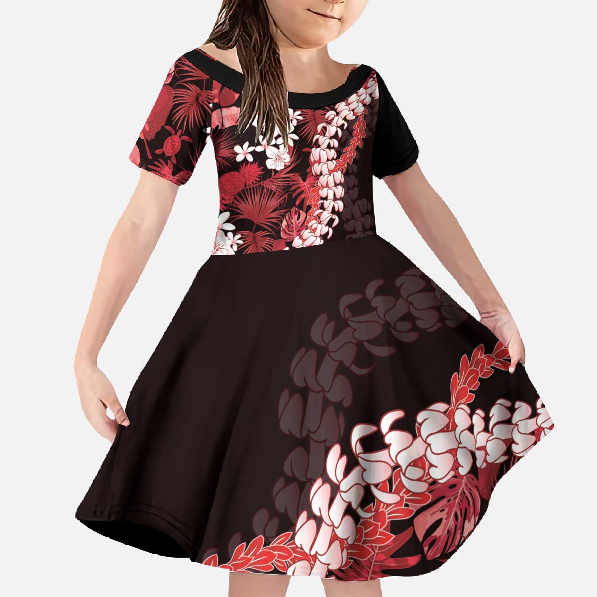 Ulaula Aloha Hawaii Lei Family Matching Off The Shoulder Long Sleeve Dress and Hawaiian Shirt Tropical Flowers Elegant Vibe - Polynesian Pride