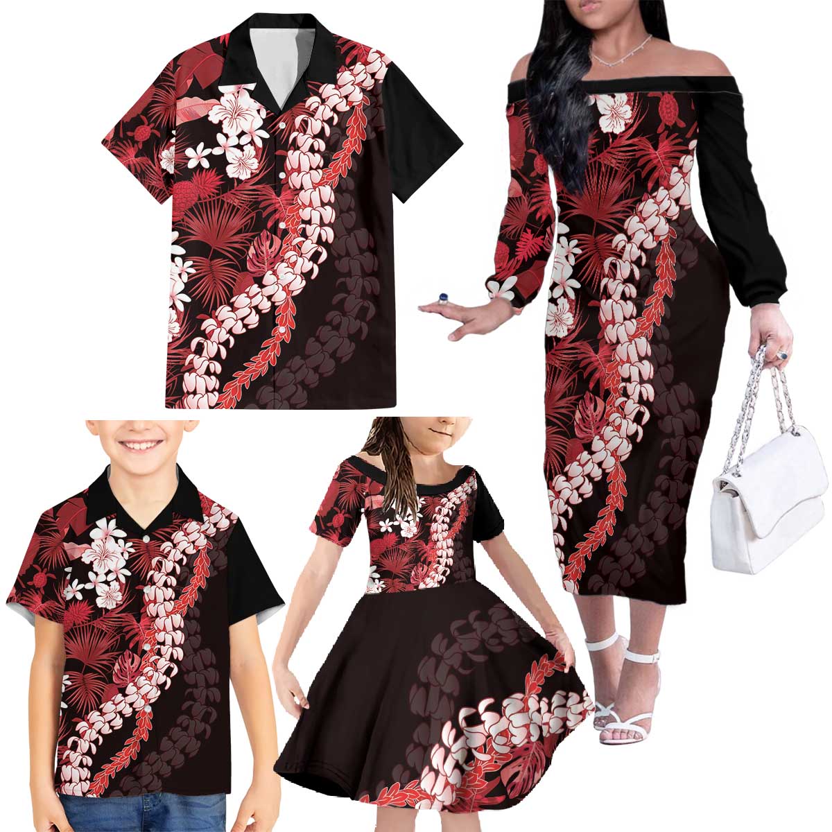 Ulaula Aloha Hawaii Lei Family Matching Off The Shoulder Long Sleeve Dress and Hawaiian Shirt Tropical Flowers Elegant Vibe - Polynesian Pride