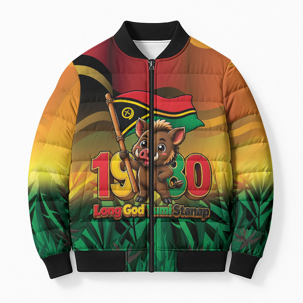 Vanuatu Independence Day Bomber Puffer Jacket Chibi Boar Proud To Be A Ni-Van LT14 Unisex Multicolor - Polynesian Pride