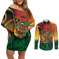 Vanuatu Independence Day Couples Matching Off Shoulder Short Dress and Long Sleeve Button Shirt Chibi Boar Proud To Be A Ni-Van LT14 Multicolor - Polynesian Pride