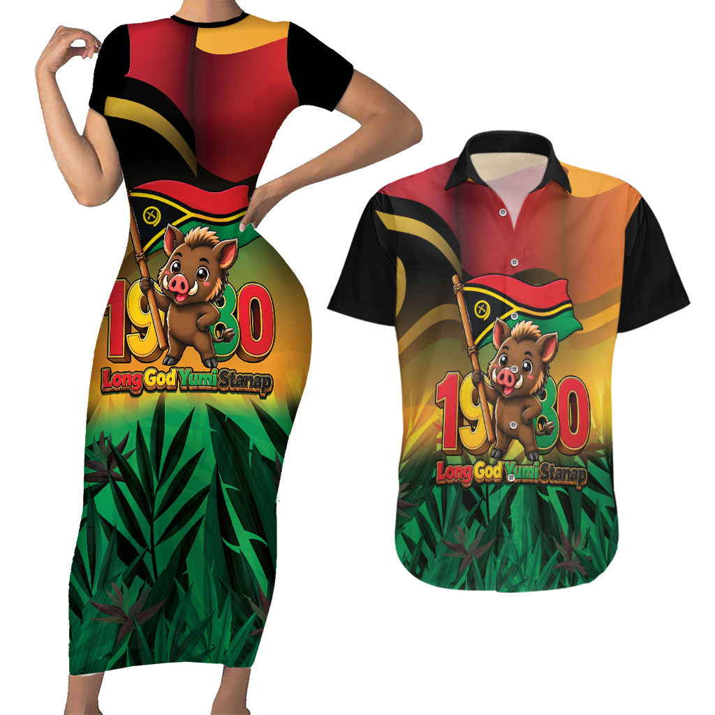 Vanuatu Independence Day Couples Matching Short Sleeve Bodycon Dress and Hawaiian Shirt Chibi Boar Proud To Be A Ni-Van LT14 Multicolor - Polynesian Pride