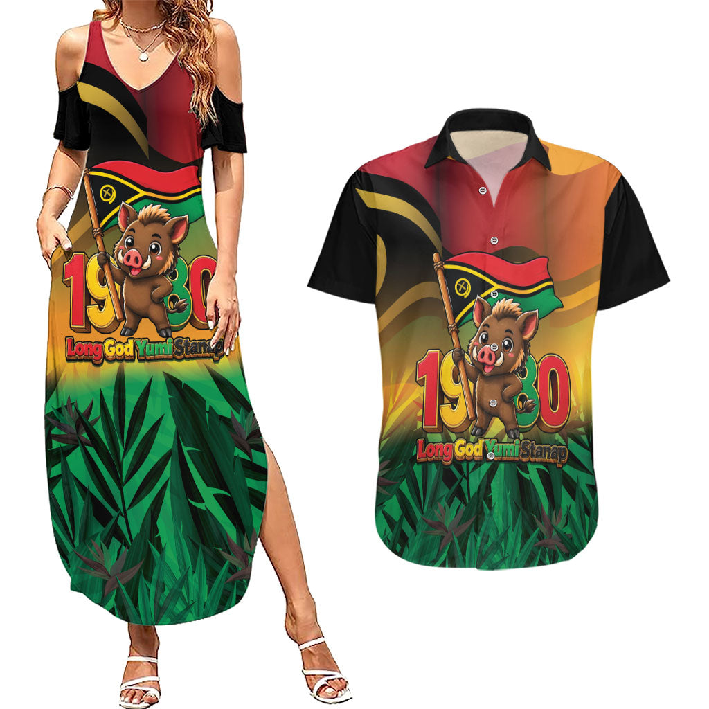 Vanuatu Independence Day Couples Matching Summer Maxi Dress and Hawaiian Shirt Chibi Boar Proud To Be A Ni-Van LT14 Multicolor - Polynesian Pride