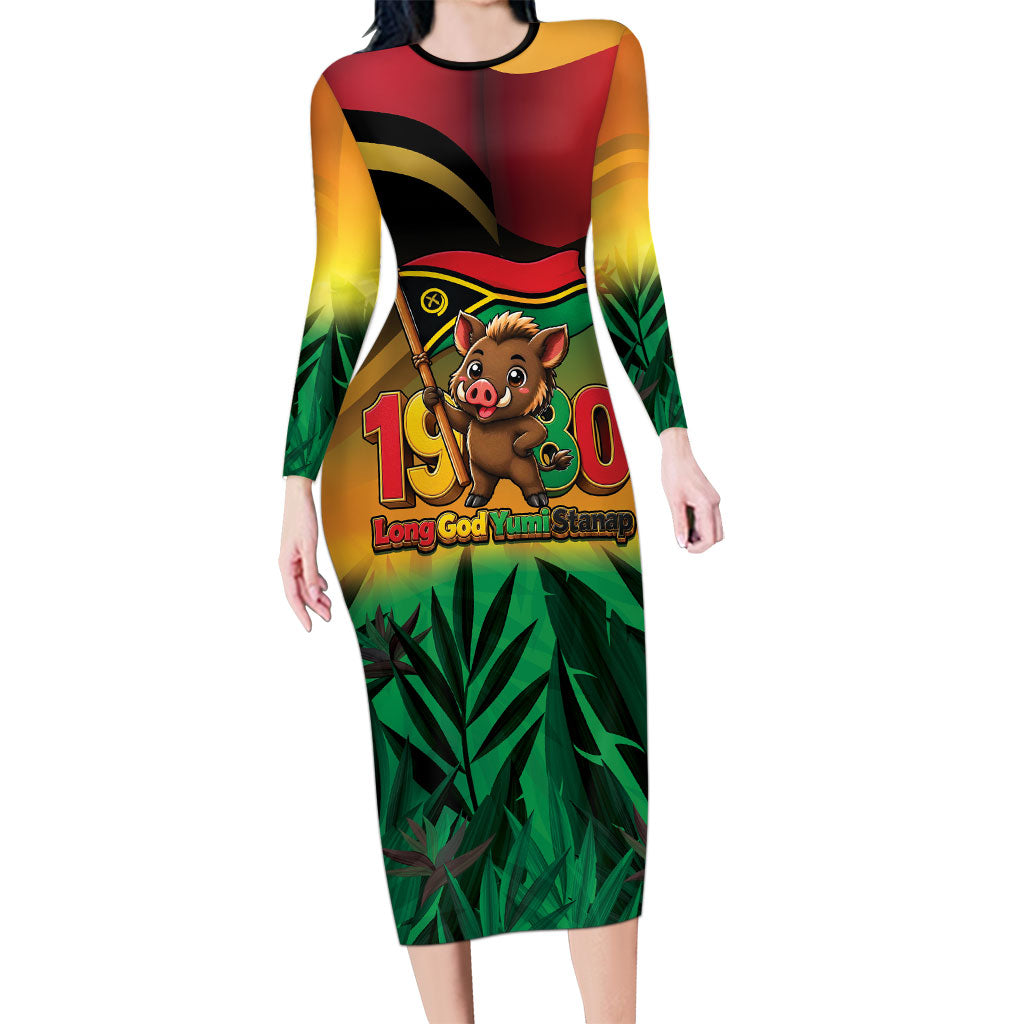 Vanuatu Independence Day Family Matching Long Sleeve Bodycon Dress and Hawaiian Shirt Chibi Boar Proud To Be A Ni-Van LT14 Mom's Dress Multicolor - Polynesian Pride
