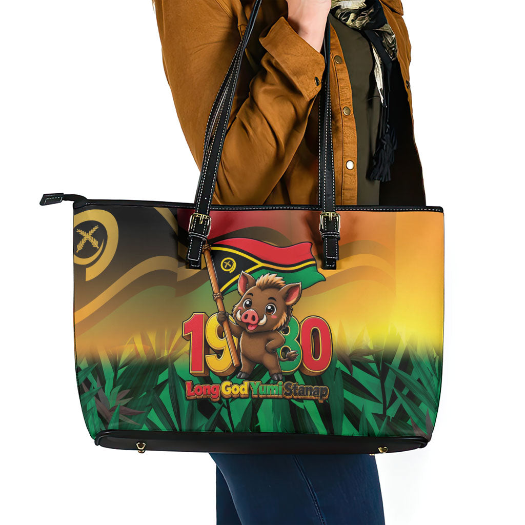 Vanuatu Independence Day Leather Tote Bag Chibi Boar Proud To Be A Ni-Van LT14 - Polynesian Pride