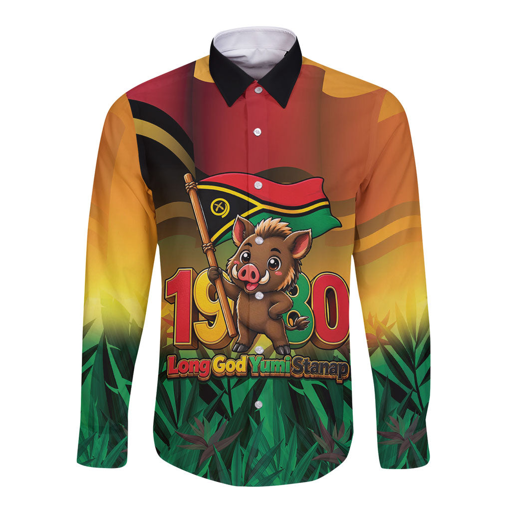 Vanuatu Independence Day Long Sleeve Button Shirt Chibi Boar Proud To Be A Ni-Van LT14 Unisex Multicolor - Polynesian Pride