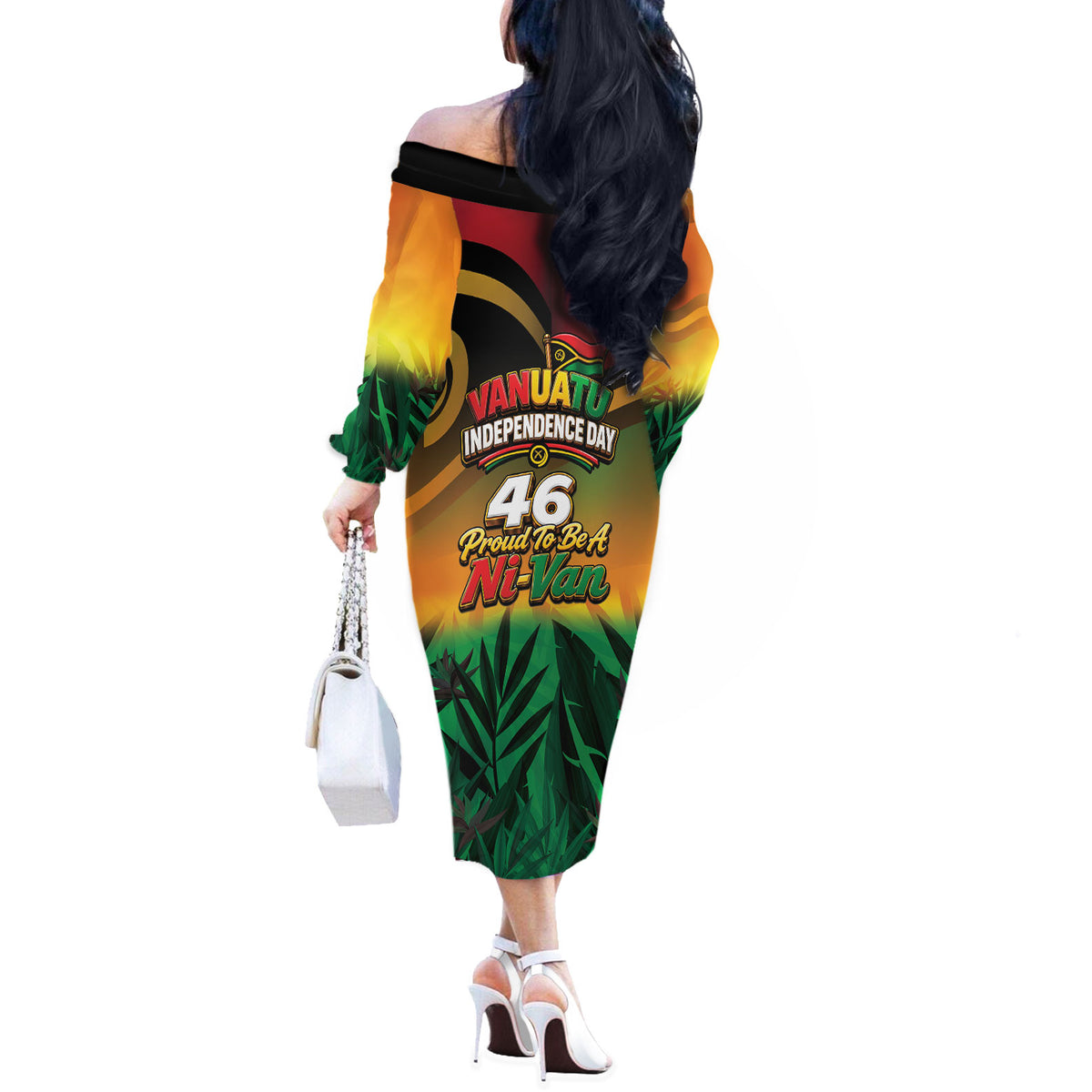 Vanuatu Independence Day Off The Shoulder Long Sleeve Dress Chibi Boar Proud To Be A Ni-Van LT14 - Polynesian Pride