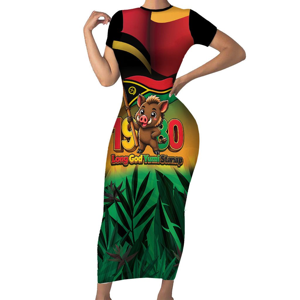 Vanuatu Independence Day Short Sleeve Bodycon Dress Chibi Boar Proud To Be A Ni-Van LT14 Long Dress Multicolor - Polynesian Pride