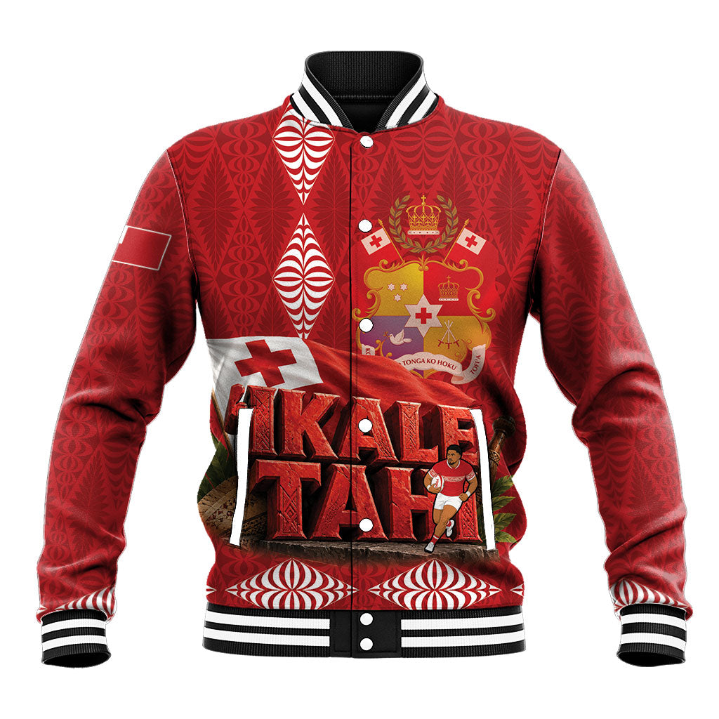 Tonga Rugby Custom Baseball Jacket 2026 Go Ikale Tahi Ngatu Pattern LT14 Unisex Red - Polynesian Pride