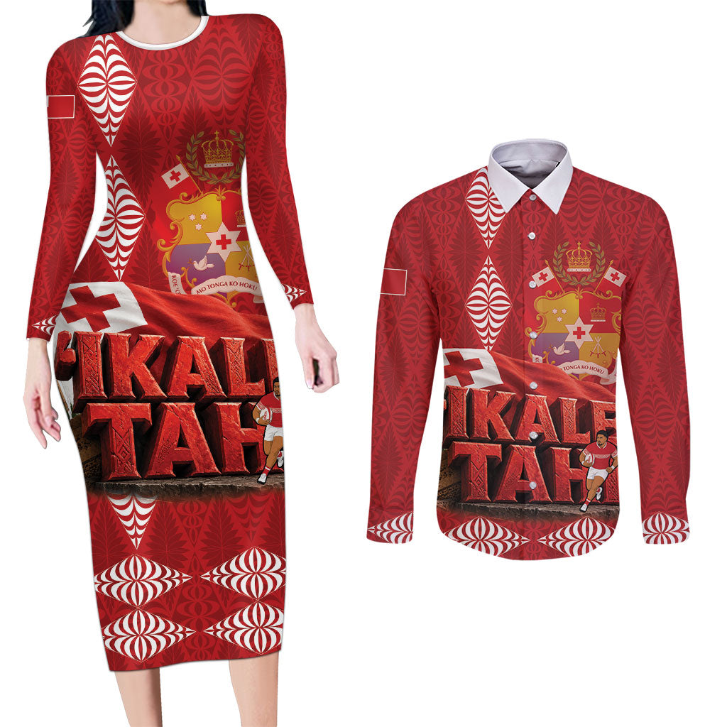 Tonga Rugby Custom Couples Matching Long Sleeve Bodycon Dress and Long Sleeve Button Shirt 2026 Go Ikale Tahi Ngatu Pattern LT14 Red - Polynesian Pride