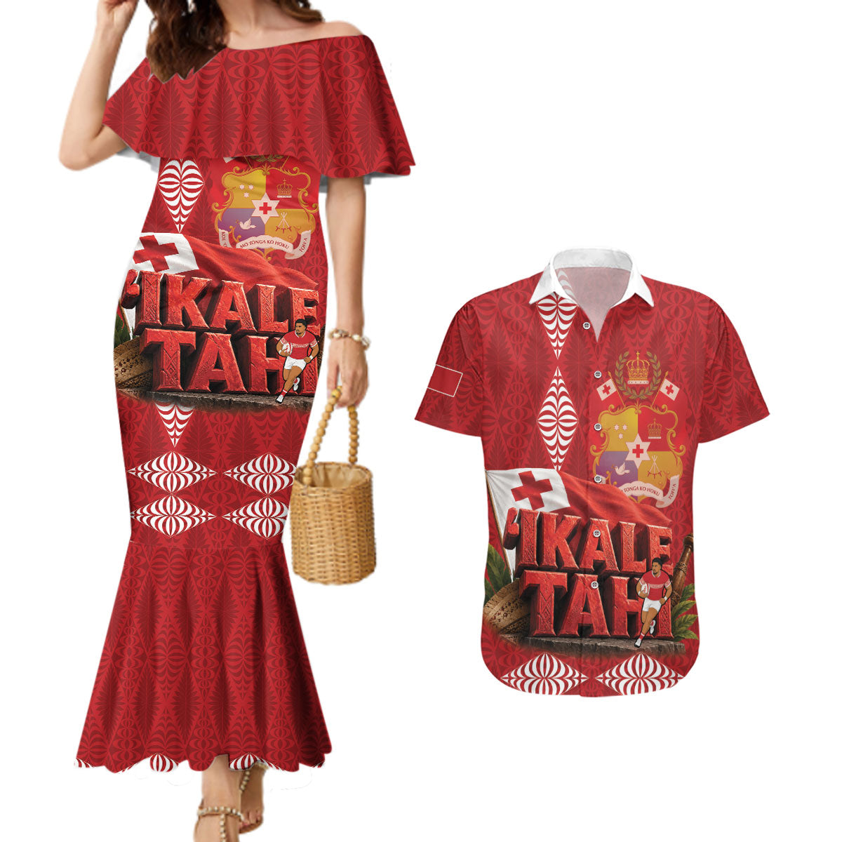 Tonga Rugby Custom Couples Matching Mermaid Dress and Hawaiian Shirt 2026 Go Ikale Tahi Ngatu Pattern LT14 Red - Polynesian Pride