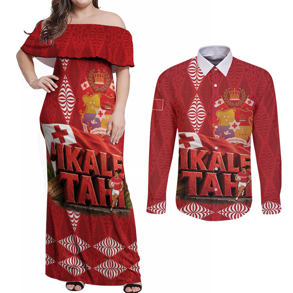 Tonga Rugby Custom Couples Matching Off Shoulder Maxi Dress and Long Sleeve Button Shirt 2026 Go Ikale Tahi Ngatu Pattern LT14 Red - Polynesian Pride
